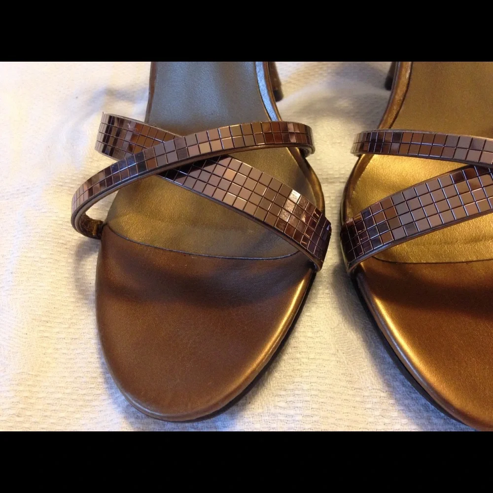 Metallic Bronze Heels Strappy Stiletto Party Sandals Shimmer Elastic Size 6.5M